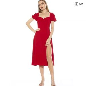 Red Midi Dress with Puff Sleeves